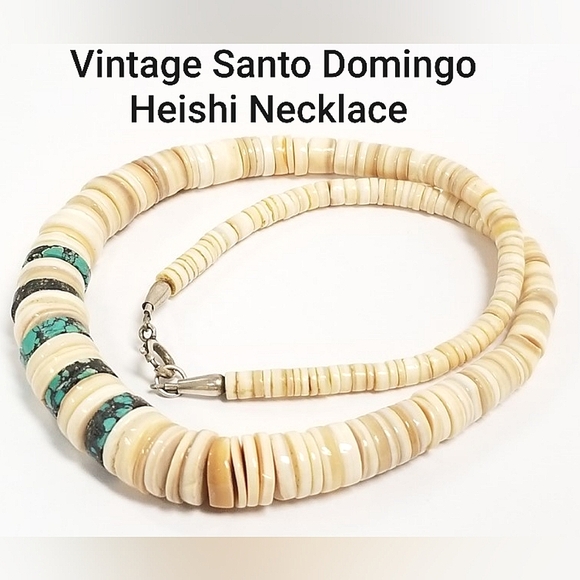VINTAGE SANTO DOMINGO HEISHI GRADUATED TURQUOISE SHELL NECKLACE - Picture 1 of 14